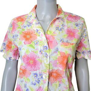 Vintage 90s Floral Shirt Women Medium Colorful Button Collar Short Sleeve Blouse